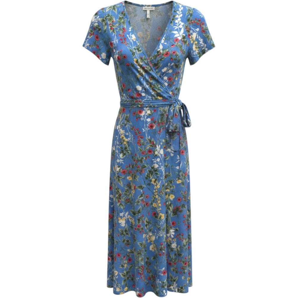 CC Blue Floral Maxi Dress Womens Small Short Sleeve Wrap V-Neck Belted Jersey